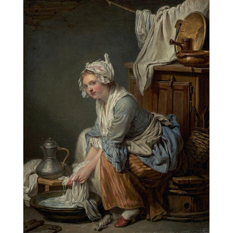 The Laundress (La Blanchisseuse) Gold Ornate Wood Framed Art Print with Double Matting by Greuze, Jean-Baptiste