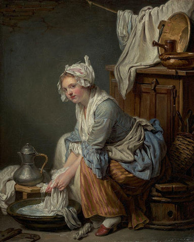 The Laundress (La Blanchisseuse) Black Ornate Wood Framed Art Print with Double Matting by Greuze, Jean-Baptiste