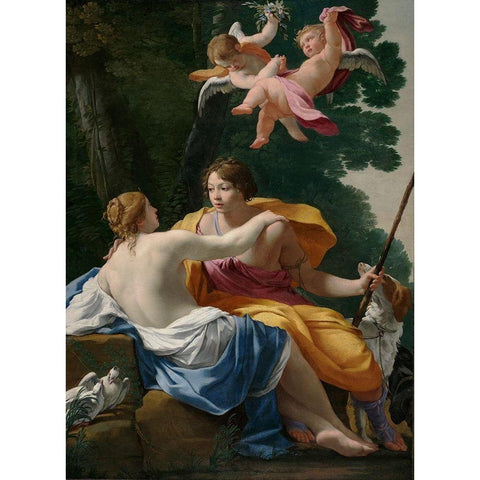 Venus and Adonis Black Modern Wood Framed Art Print with Double Matting by Vouet, Simon
