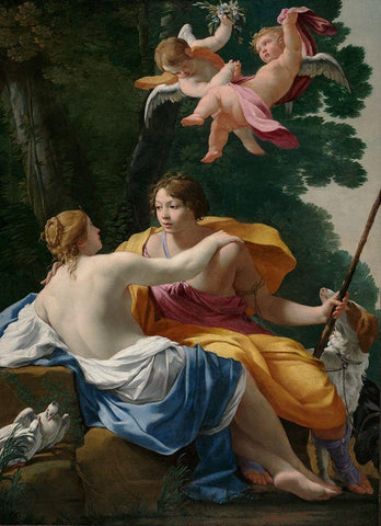 Venus and Adonis White Modern Wood Framed Art Print with Double Matting by Vouet, Simon