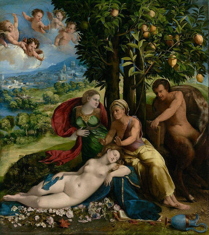 Mythological Scene Black Ornate Wood Framed Art Print with Double Matting by Dossi, Dosso