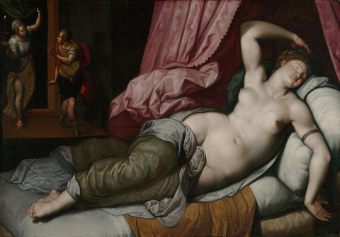 Paris Being Admitted to the Bedchamber of Helen Black Ornate Wood Framed Art Print with Double Matting by de Backer, Jacob