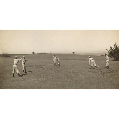 Six Boys With A Ball And Three Bats, Playing Three Old Cat White Modern Wood Framed Art Print by A.G. Spalding Baseball Collection