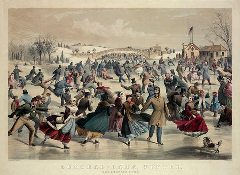 Central-Park, Winter - The Skating Pond,  New York, 1862 White Modern Wood Framed Art Print with Double Matting by Currier and Ives