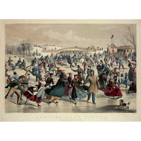 Central-Park, Winter - The Skating Pond,  New York, 1862 Black Modern Wood Framed Art Print with Double Matting by Currier and Ives