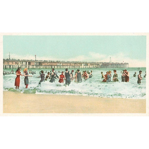 Surf Bathing, Long Beach, Calif., 1898 White Modern Wood Framed Art Print by Detroit Publishing Co.