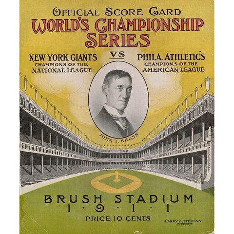 Offical Score Card  Worlds Championship Series -  New York Giants vs Philadelphia Athletics, 1880 Gold Ornate Wood Framed Art Print with Double Matting by Stevens