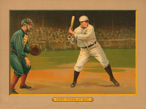 Chief Myers at Bat, Baseball Card, 1911 White Modern Wood Framed Art Print with Double Matting by American Tobacco Company