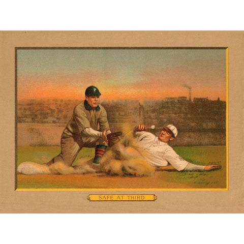 Safe at Third, Baseball Card Black Modern Wood Framed Art Print with Double Matting by American Tobacco Company