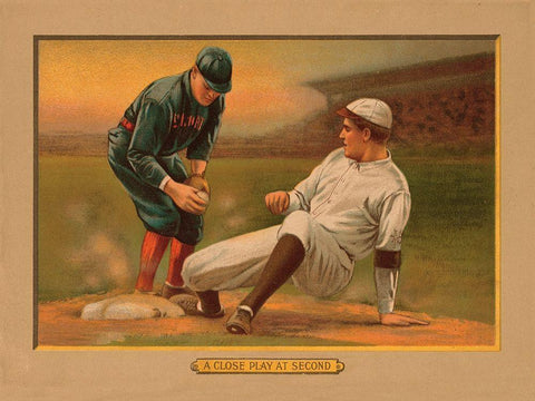 A Close Play at Second, Baseball Card White Modern Wood Framed Art Print with Double Matting by American Tobacco Company