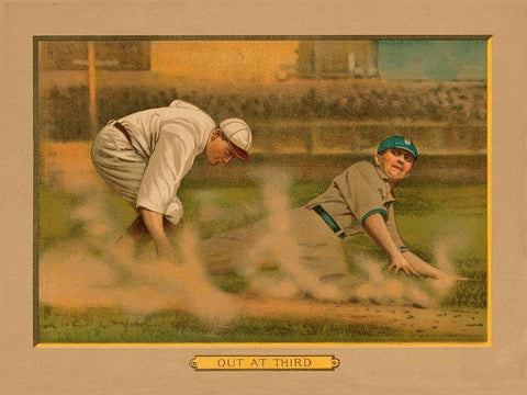 Out at Third, Baseball Card White Modern Wood Framed Art Print with Double Matting by American Tobacco Company