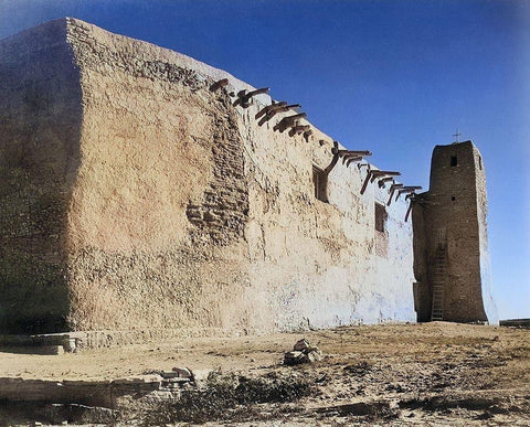 Church Side Wall and Tower-Acoma Pueblo-New Mexico Color White Modern Wood Framed Art Print with Double Matting by Adams, Ansel