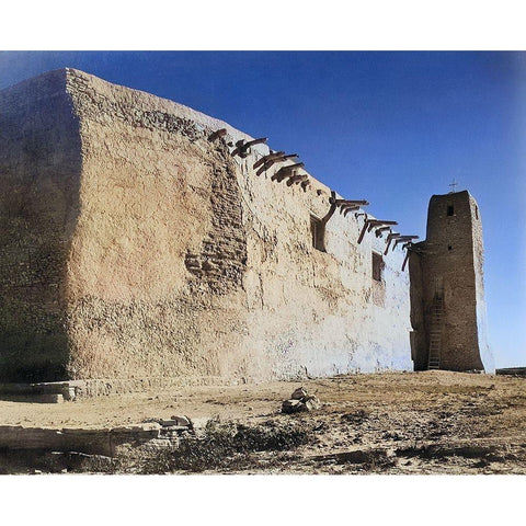 Church Side Wall and Tower-Acoma Pueblo-New Mexico Color Gold Ornate Wood Framed Art Print with Double Matting by Adams, Ansel