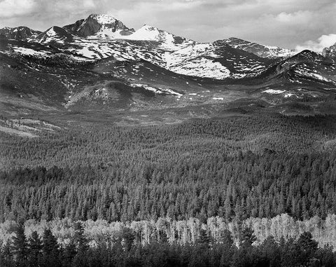 Longs Peak from Road, Rocky Mountain National Park, Colorado, 1941 White Modern Wood Framed Art Print with Double Matting by Adams, Ansel