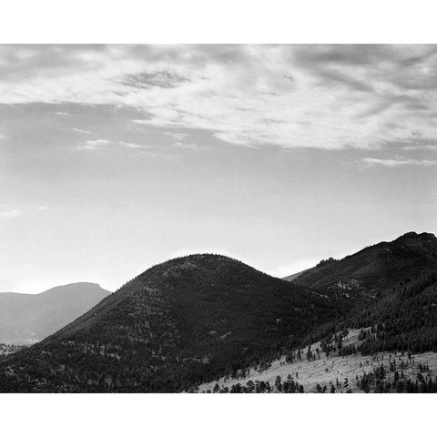 View of hill with trees, clouded sky, in Rocky Mountain National Park, Colorado, ca. 1941-1942 White Modern Wood Framed Art Print by Adams, Ansel