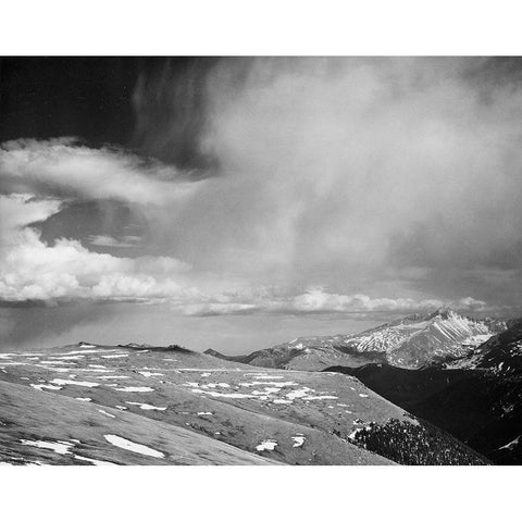 Mountain tops, low horizen, low hanging clouds,  in Rocky Mountain National Park, Colorado, ca. 1941 Black Modern Wood Framed Art Print with Double Matting by Adams, Ansel