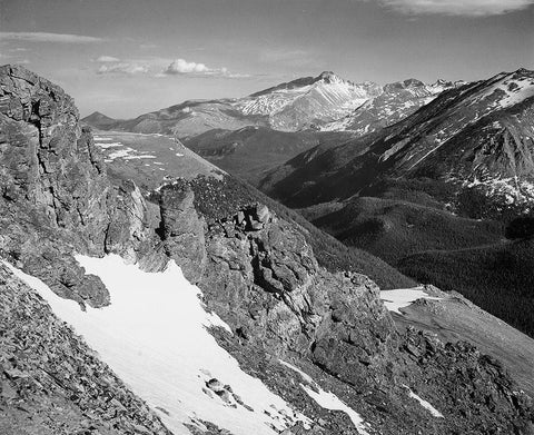 View of barren mountains with snow,  in Rocky Mountain National Park, Colorado, ca. 1941-1942 Black Ornate Wood Framed Art Print with Double Matting by Adams, Ansel