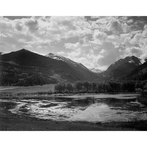 Lake and trees in foreground, mountains and clouds in background, in Rocky Mountain National Park, C White Modern Wood Framed Art Print by Adams, Ansel