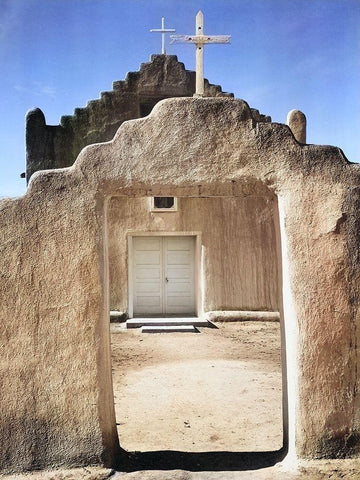 Front view of entrance-Church-Taos Pueblo National Historic Landmark Color White Modern Wood Framed Art Print with Double Matting by Adams, Ansel