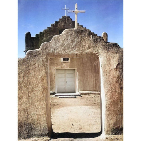 Front view of entrance-Church-Taos Pueblo National Historic Landmark Color White Modern Wood Framed Art Print by Adams, Ansel