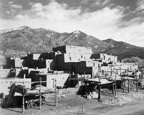 Full view of city, mountains in background, Taos Pueblo National Historic Landmark, New Mexico, 1941 White Modern Wood Framed Art Print with Double Matting by Adams, Ansel