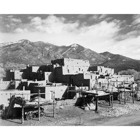 Full view of city, mountains in background, Taos Pueblo National Historic Landmark, New Mexico, 1941 White Modern Wood Framed Art Print by Adams, Ansel