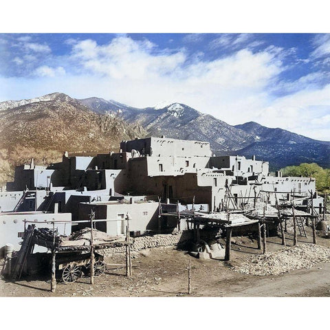 Full view of city-mountains in background-Taos Pueblo National Historic Landmark Color Gold Ornate Wood Framed Art Print with Double Matting by Adams, Ansel