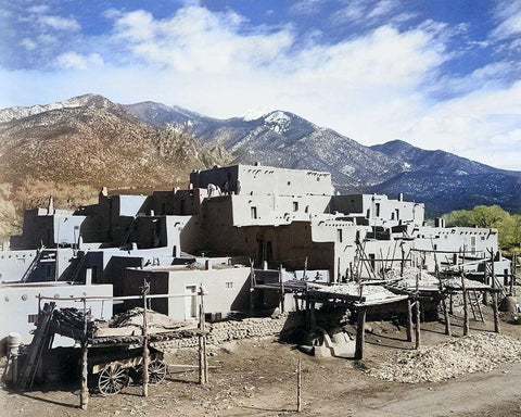 Full view of city-mountains in background-Taos Pueblo National Historic Landmark Color White Modern Wood Framed Art Print with Double Matting by Adams, Ansel