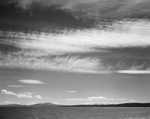 Lake, narrow strip of mountains, low horizon, Yellowstone Lake, Yellowstone National Park, Wyoming,  White Modern Wood Framed Art Print with Double Matting by Adams, Ansel