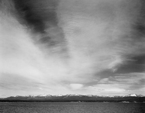 Wider strip of mountains, Yellowstone Lake, Yellowstone National Park, Wyoming, ca. 1941-1942 White Modern Wood Framed Art Print with Double Matting by Adams, Ansel