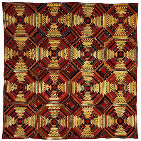 Quilt, Log Cabin Pattern, Pineapple variation Gold Ornate Wood Framed Art Print with Double Matting by Unknown 19th Century American Needleworker