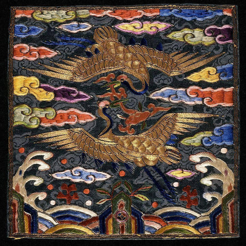 Pair of Badges (Hyungbae) of the Upper Civil Rank with Two Cranes Gold Ornate Wood Framed Art Print with Double Matting by Unknown 20th Century Korean Needleworker