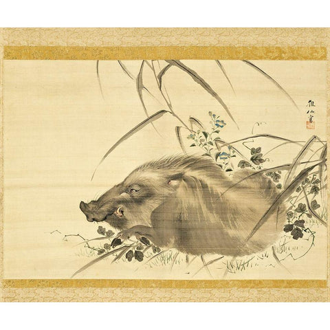 Wild Boar amidst Autumn Flowers and Grasses Black Modern Wood Framed Art Print with Double Matting by Sosen, Mori