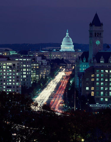 Dusk view of Pennsylvania Avenue, Americas Main Street in Washington, D.C. Black Ornate Wood Framed Art Print with Double Matting by Highmith, Carol