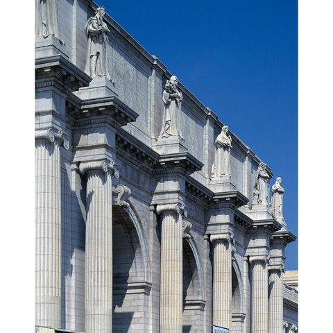 Union Station facade and sentinels, Washington, D.C. Black Modern Wood Framed Art Print by Highmith, Carol