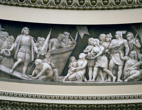 Landing of Columbus frieze in U.S. Capitol dome, Washington, D.C. White Modern Wood Framed Art Print with Double Matting by Highmith, Carol