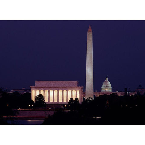 Our treasured monuments at night, Washington D.C. Gold Ornate Wood Framed Art Print with Double Matting by Highmith, Carol