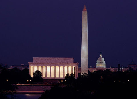 Our treasured monuments at night, Washington D.C. Black Ornate Wood Framed Art Print with Double Matting by Highmith, Carol