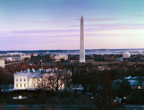 Dawn over the White House, Washington Monument, and Jefferson Memorial, Washington, D.C. White Modern Wood Framed Art Print with Double Matting by Highmith, Carol