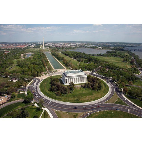 Aerial of Mall showing Lincoln Memorial, Washington Monument and the U.S. Capitol, Washington, D.C. White Modern Wood Framed Art Print by Highmith, Carol