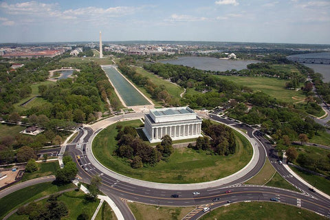 Aerial of Mall showing Lincoln Memorial, Washington Monument and the U.S. Capitol, Washington, D.C. Black Ornate Wood Framed Art Print with Double Matting by Highmith, Carol