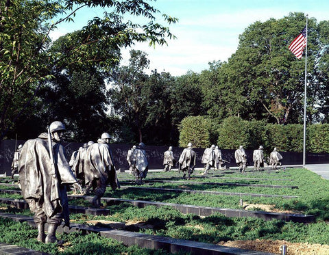 Stainless-steel troopers on patrol at the Korean War Veterans Memorial, Washington, D.C. Black Ornate Wood Framed Art Print with Double Matting by Highmith, Carol