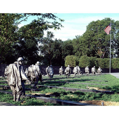 Stainless-steel troopers on patrol at the Korean War Veterans Memorial, Washington, D.C. Black Modern Wood Framed Art Print with Double Matting by Highmith, Carol