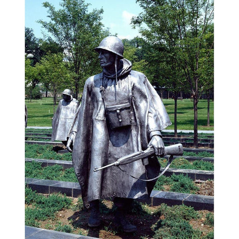 Stainless-steel trooper on patrol at the Korean War Veterans Memorial, Washington, D.C. Black Modern Wood Framed Art Print with Double Matting by Highmith, Carol