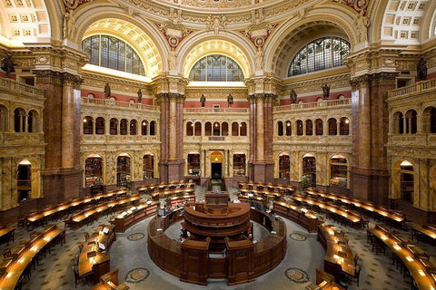 Main Reading Room. View from above showing researcher desks. Library of Congress Thomas Jefferson Bu Black Ornate Wood Framed Art Print with Double Matting by Highmith, Carol