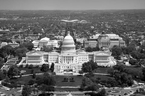 Aerial view, United States Capitol building, Washington, D.C. - Black and White Variant Black Ornate Wood Framed Art Print with Double Matting by Highmith, Carol