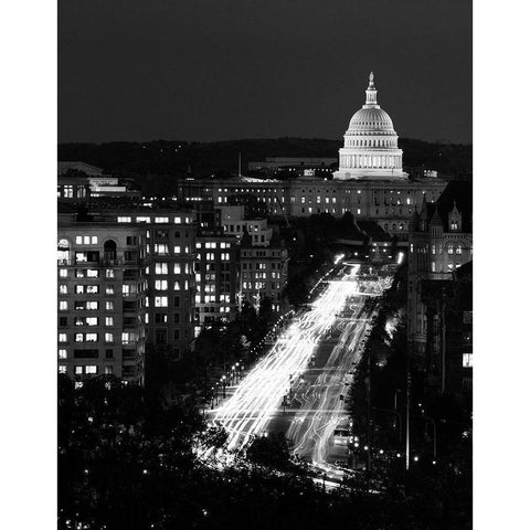 Dusk view of Pennsylvania Avenue, Americas Main Street in Washington, D.C. - Black and White Variant White Modern Wood Framed Art Print by Highmith, Carol