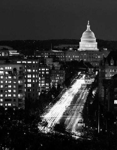 Dusk view of Pennsylvania Avenue, Americas Main Street in Washington, D.C. - Black and White Variant White Modern Wood Framed Art Print with Double Matting by Highmith, Carol