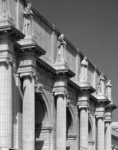 Union Station facade and sentinels, Washington, D.C. - Black and White Variant Black Ornate Wood Framed Art Print with Double Matting by Highmith, Carol