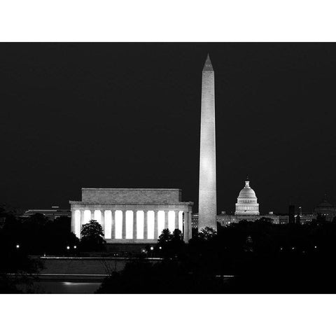 Our treasured monuments at night, Washington D.C. - Black and White Variant Black Modern Wood Framed Art Print with Double Matting by Highmith, Carol